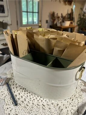 Cream Metal Organizer Tote with Olive Green Interior